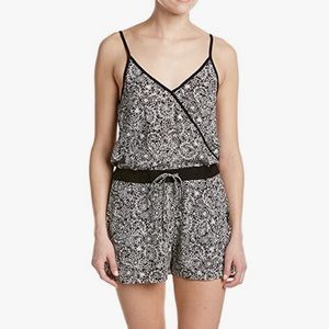 French Connection Black and White Bali Floral Print Drawstring Romper